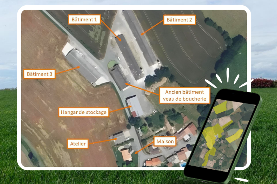 Plan vu du ciel de l'exploitation agricole pour mieux repérer les bâtiments dans l'espace