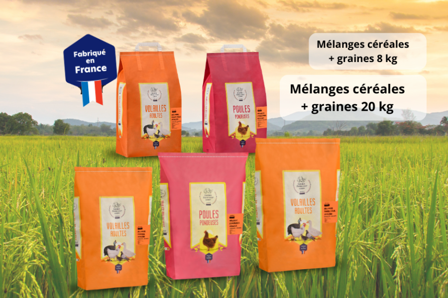 Sacs 8kg mélanges céréales et graines avec les trois sacs mélanges céréales et graines de 20 kg