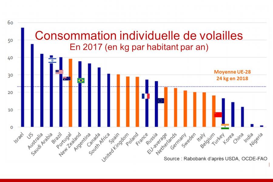 Consommation de volailles en kg par habitant par an par pays.